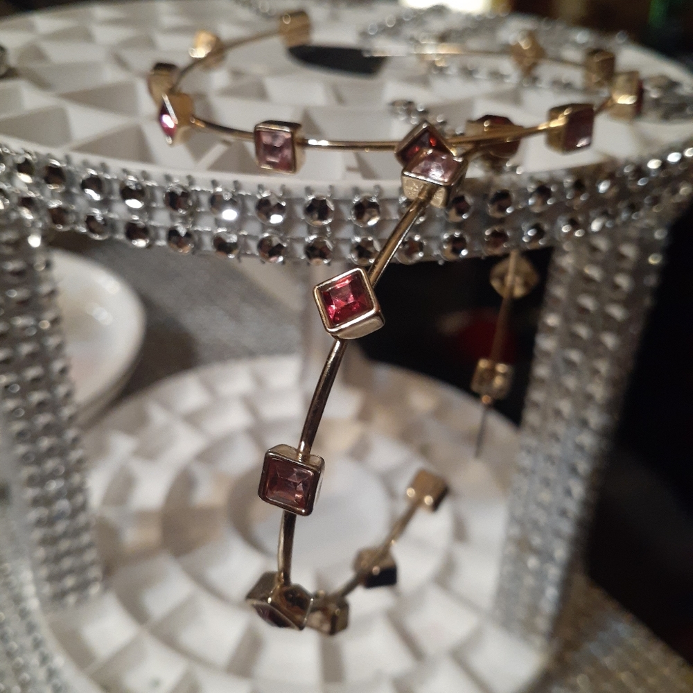 Large Gold Hoop Earrings with pink jewels